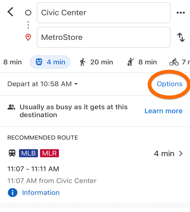 Screenshot of the Google Maps mobile application showing where to click for more route options