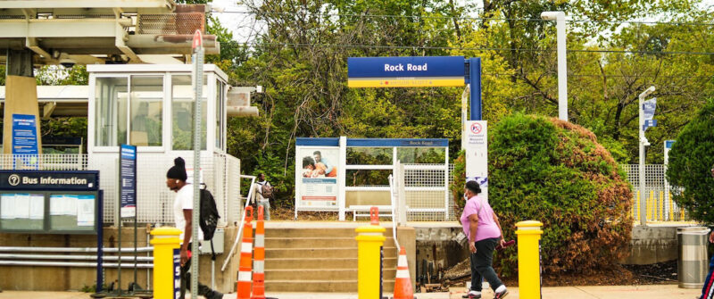 MetroLink riders walk along the Rock Road Station.